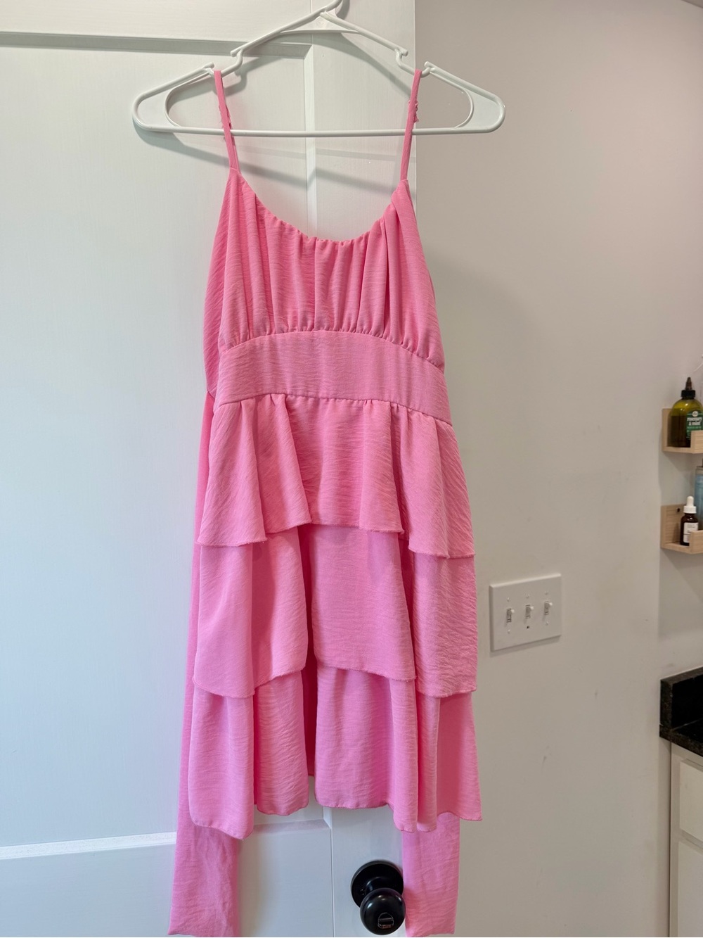 Tiered Pink Spaghetti-Strap Casual Dress